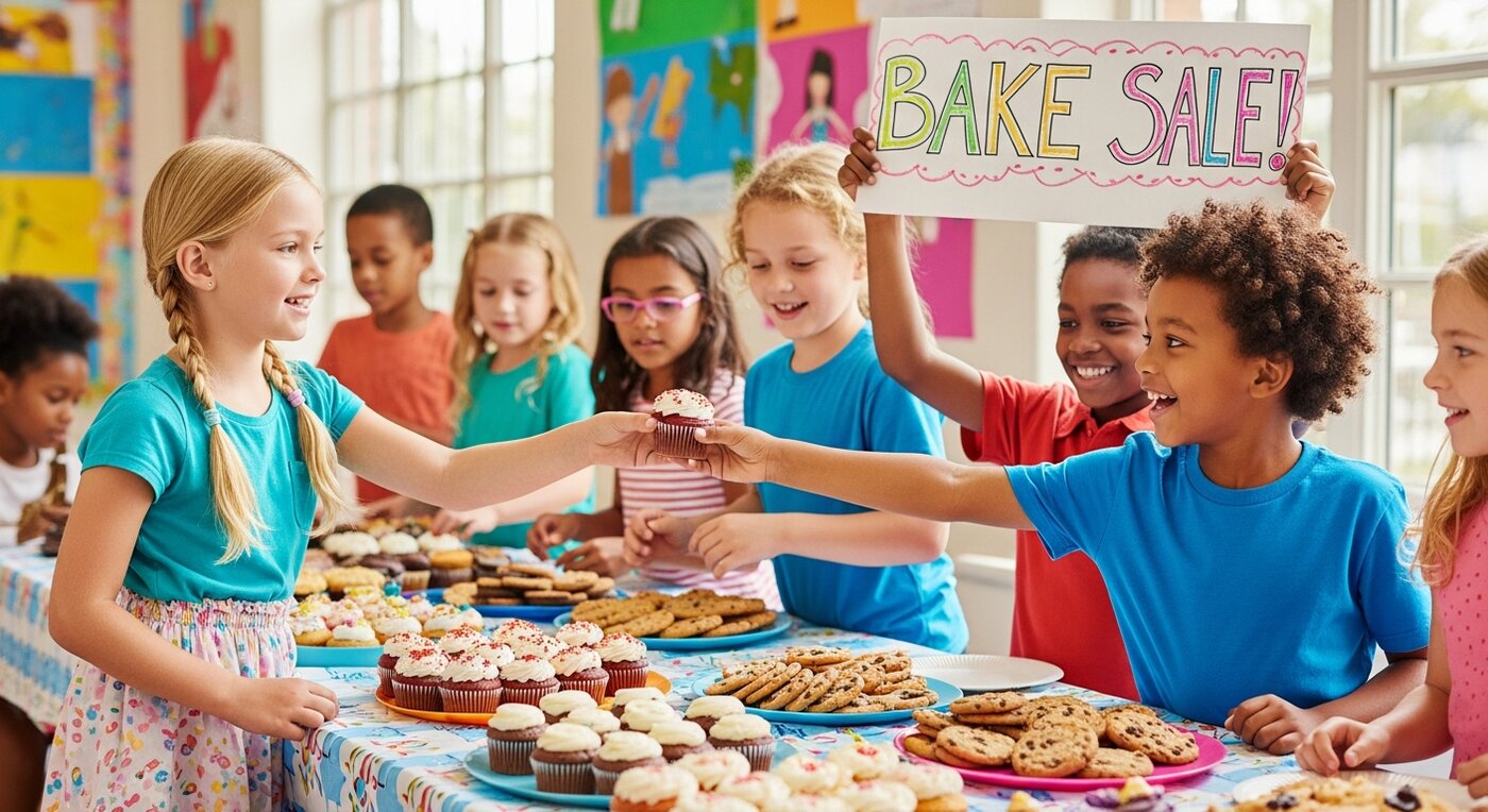 Children at a bake sale fundraiser